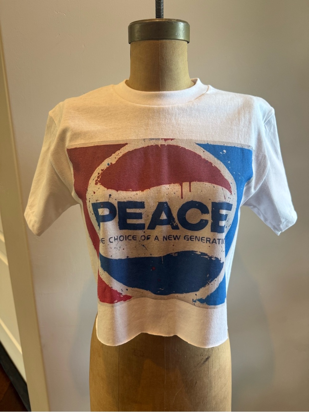 Peace Graphic Crop Tee - White with Red & Blue Print